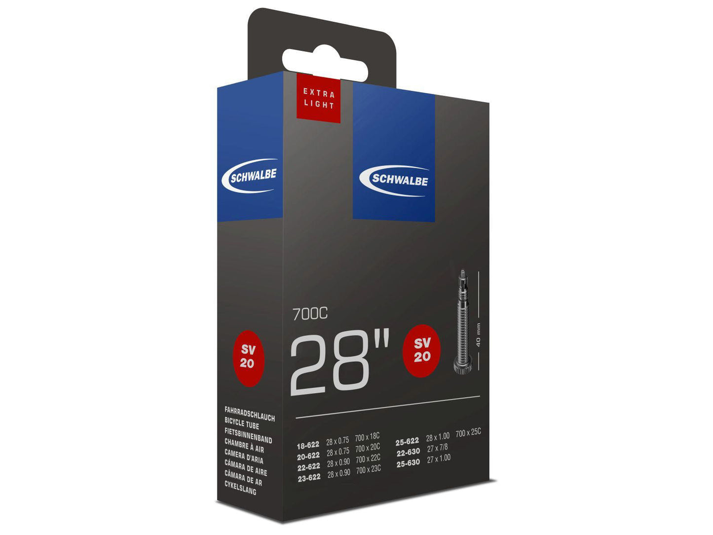 Sisäkumi SCHWALBE SV20 EXTRA LIGHT 700 x 18-25c (18-25x622-630) Presta (Removable core) 40 mm